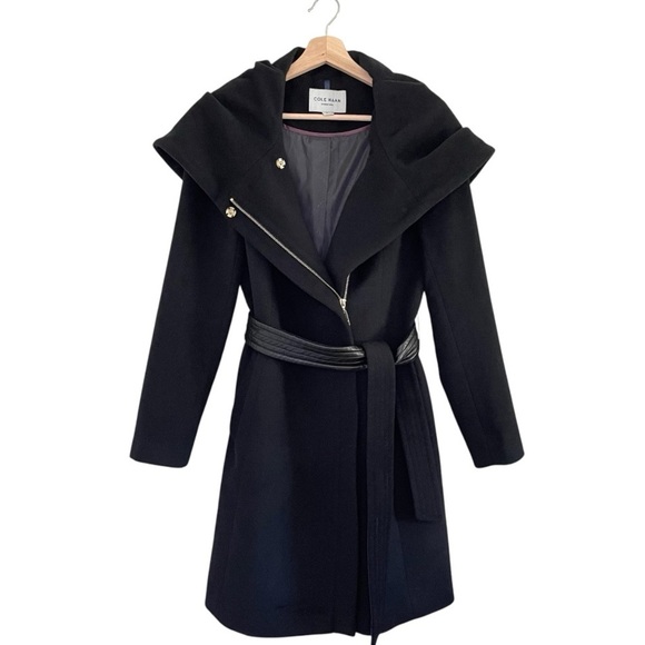 Cole Haan Wool Blend Hooded Coat Oversized Collar Removable Belt Black 6 - Picture 5 of 15